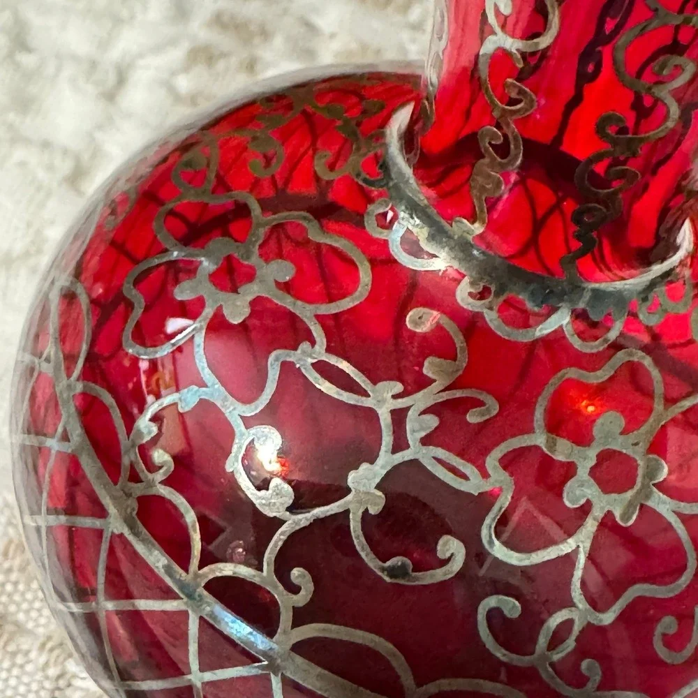 Italian Art Glass Vase Bud Vase Red Silver Overlay Home Decor 4